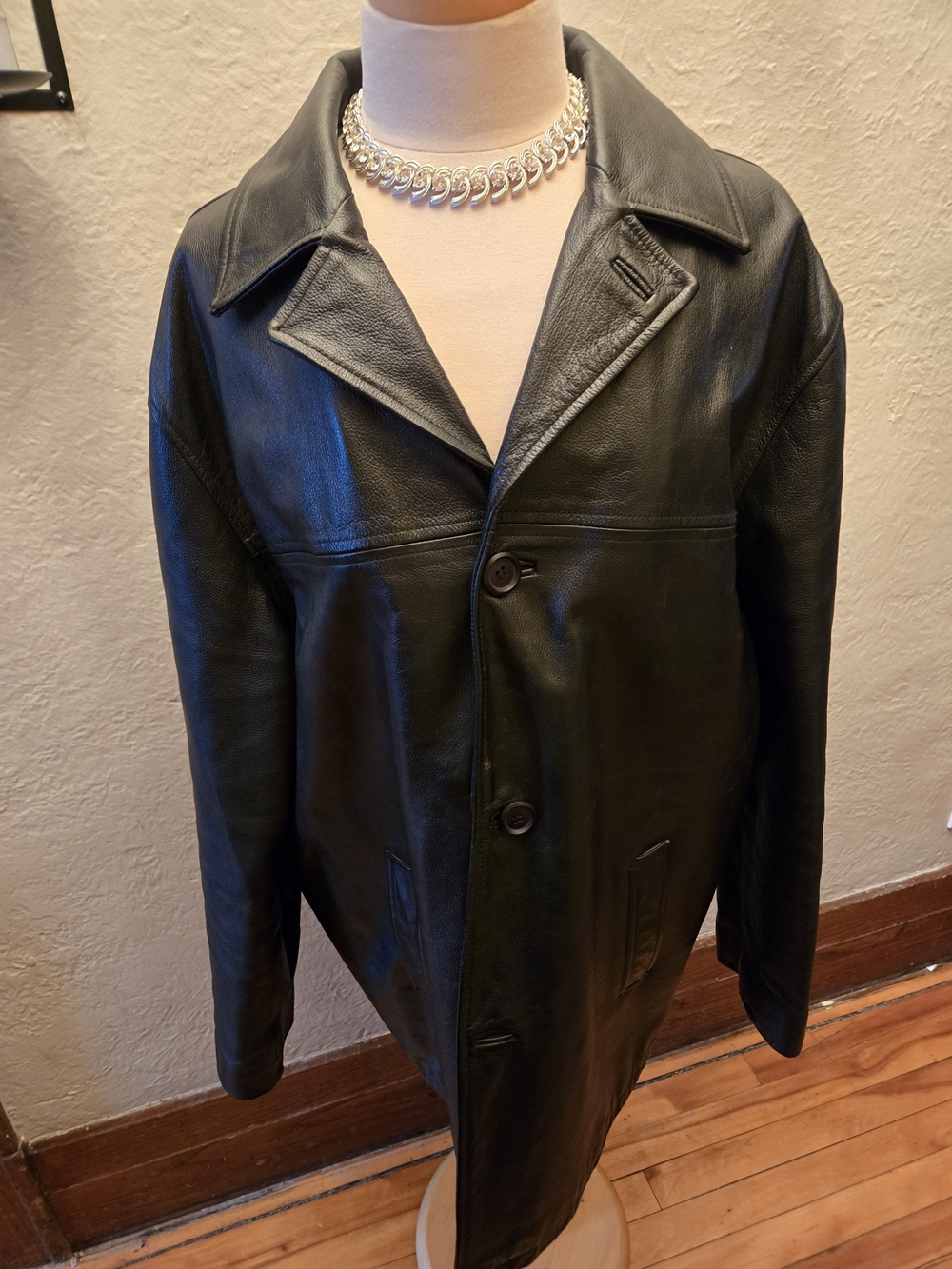 Vintage Black Leather Button-Up Coat